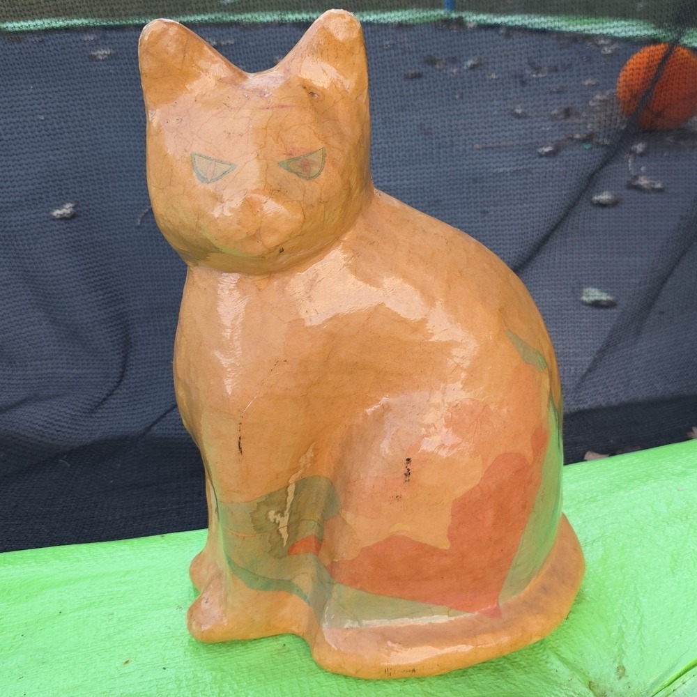 Vintage Papier Mache Cat Figurine Orange Patchwork Folk Art Sculpture Thailand